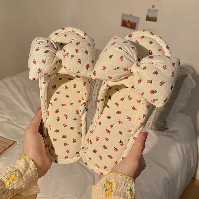 New Four Women's Summer Seasons Linen Slippers Female Home Cute Bow Indoor Non-Slip Home Mute Outdoor Flip Flops Casual Slippers