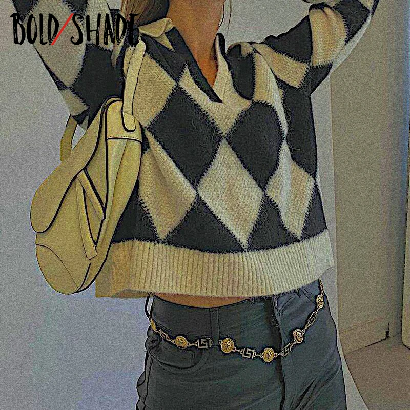 

Bold Shade Argyle Print Patchwork Tricot Pullover Sweater Grunge y2k Urban Style 90s Knitwear Loose Streetwear Fashion Women Top
