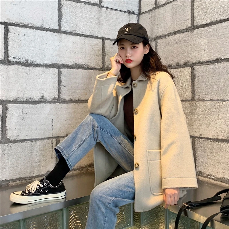 

Wool Blend Coat Women Long Sleeve Collar one size Outwear Long Jacket Korean Casual Winter Elegant Overcoat women Woolen Coat