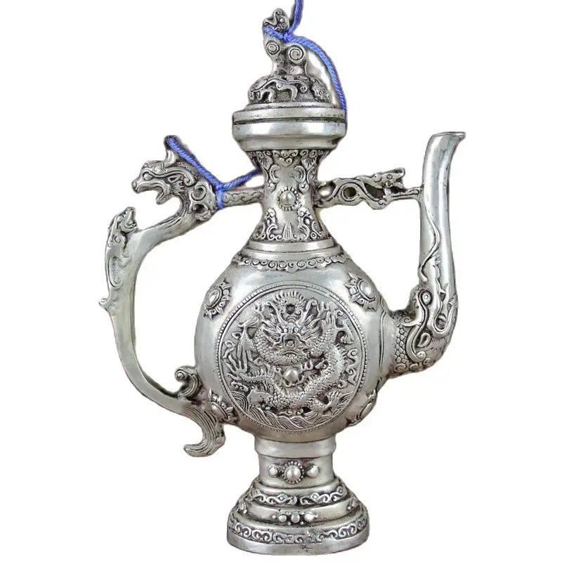 China Old Feng Shui Ornaments White Copper Silver Plating Dragon Pattern Pot