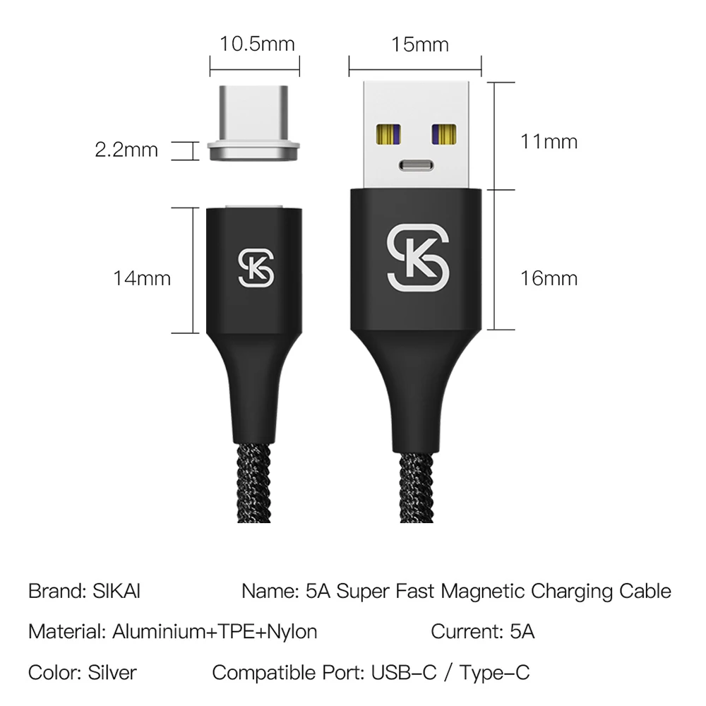 SIKAI 0,5 m 3A нейлоновый Магнитный кабель Micro USB C кабель для Android 5A 1 м Магнитный кабель Автомобильное зарядное устройство для type C кабель освещения