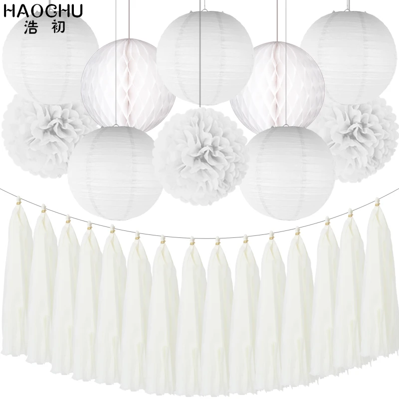 25pcs/set Gold White Round Hanging Paper Ball Lanterns Honeycomb Tissue Pom Poms Tassel Birthday Wedding Theme Party Decorations