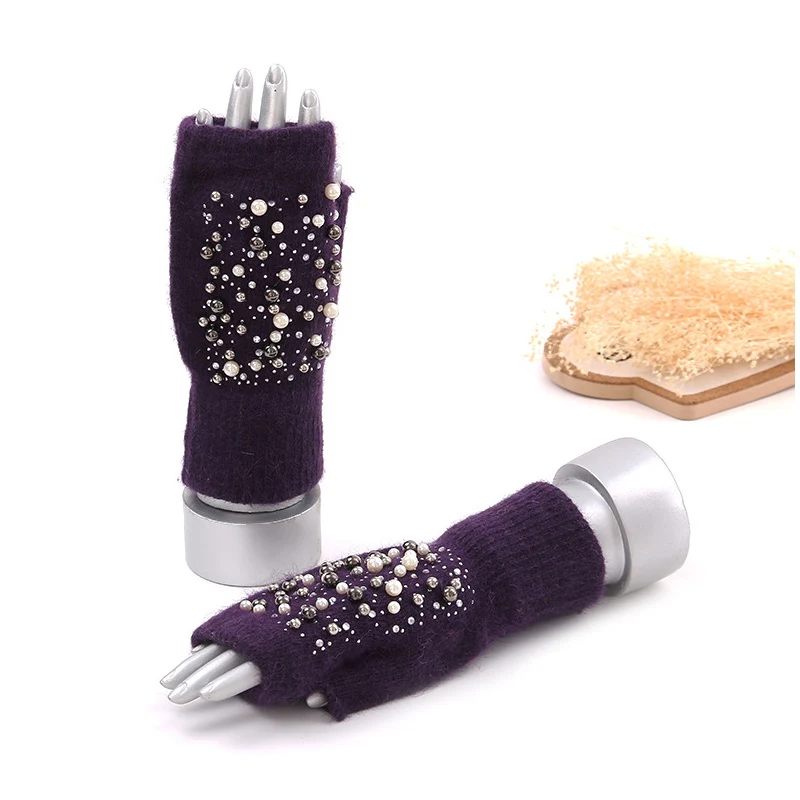 navy Winter Kitted Mitten Plush Gloves Women Short Finger Half Gloves Ladies Half Cover Female Gloves Printed Snow - Color: navy