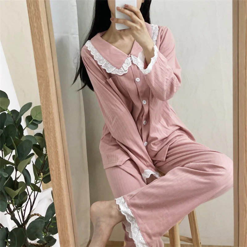 

Pijamas Woman Long Sleeved Girl Pajama Fashion Lace Solid Pjs Soft Female Two Piece Set Sleepwear Loungewear Turn-down Collar