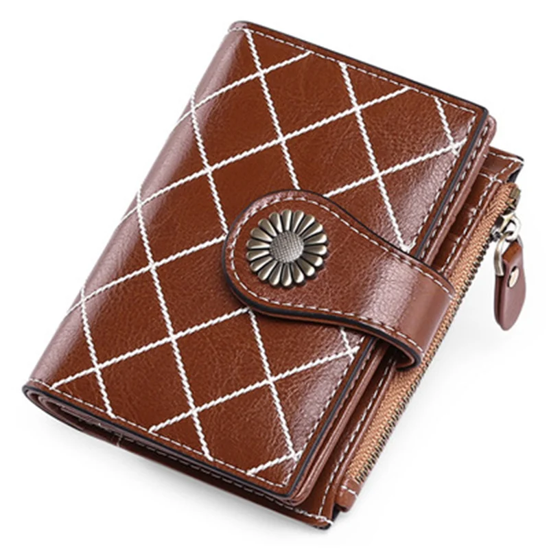 

2021 New Women's Wallet Oil Wax Cowhide Embroidered Women's Money Bag RFID Wallets Fashion Card Holder Zip Coin Purse Billetera