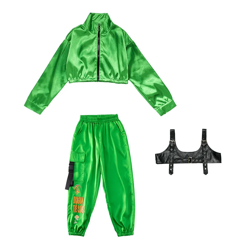 

2021 Girls Modern Dance Hip Hop Clothes Kids Chinese Style Green Hiphop Suit Jazz Performance Clothes Stage Costumes 110-180CM