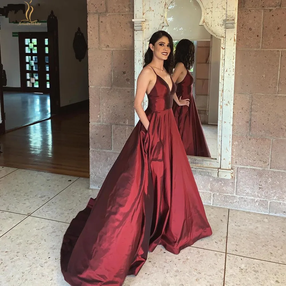 

Burgundy Evening Dress 2020 Elegant Satin Long Formal Abiye Straps Prom Party Gowns vestido longo festa