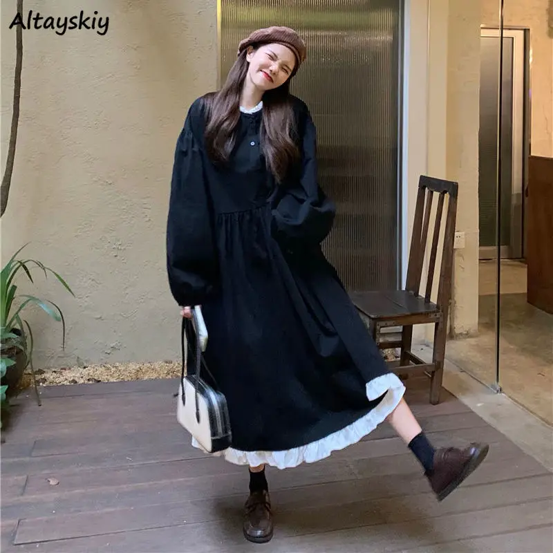 

Женское платье с рукавами-фонариками и оборками в стиле преппи, милые японские темпераментные платья выше колен в стиле ретро, уличная одеж...