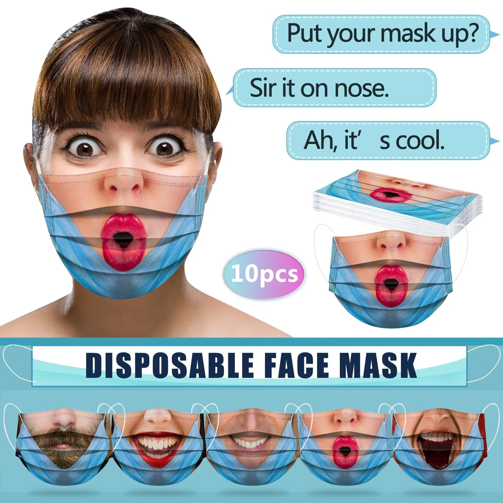 Повязка на голову смешная маска для лица 10 шт. взрослых (меньше) одноразовая с