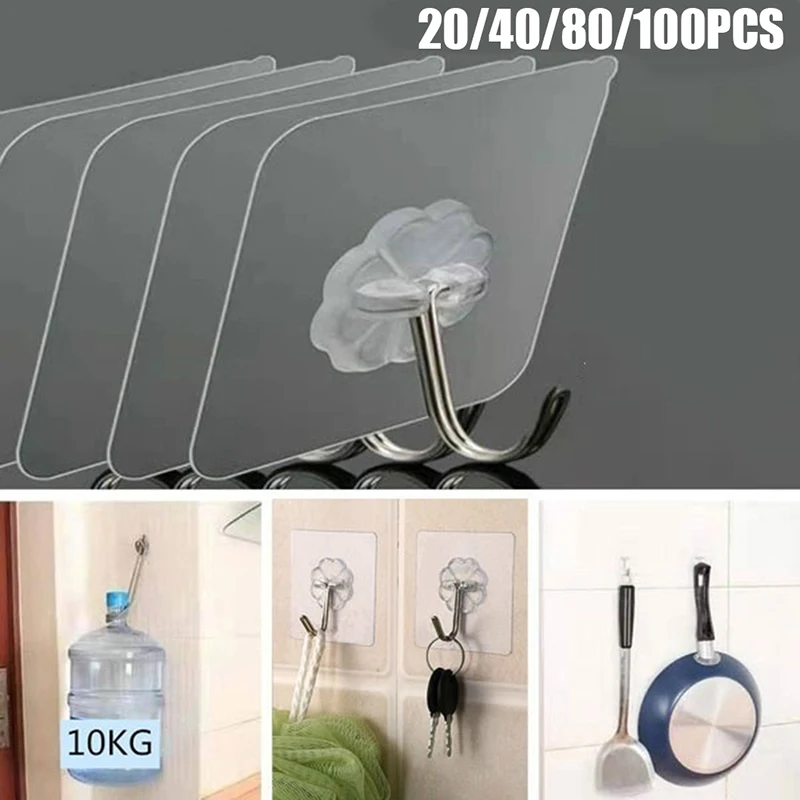 

20/40/100pcs Transparent Seamless Hooks Metal Wall Hooks For Home Heavy Self Adhesive Hooks