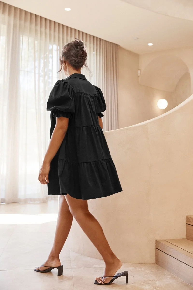 

Mandylandy Women Elegant Summer Fashion Ruffle Mini Dress Lady Sexy Short Puff Sleeve Turn Down Collar Single Breasted Dress