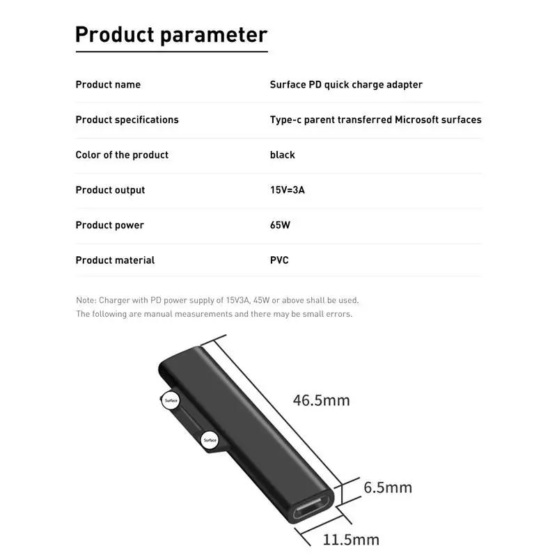 

Type-C Female PD Converter USB C Female PD Fast Charging Plug Adapter for Microsoft Surface Pro 3 4 5 6 Go Surface Book