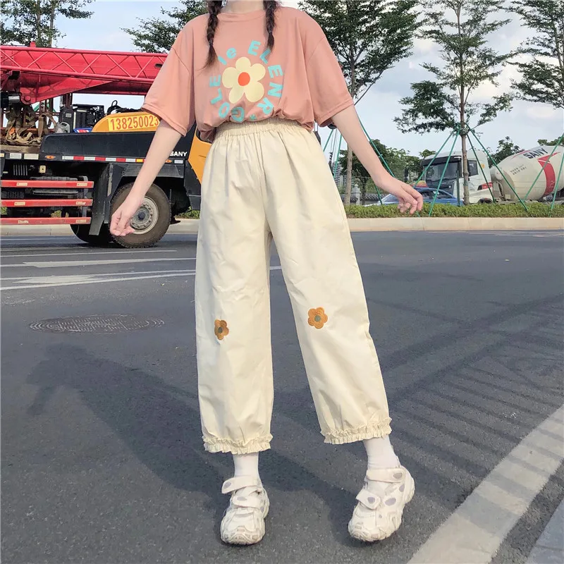 Японский Kawaii мягкие с цветочным мотивом для девочек С вышивкой Женские штаны