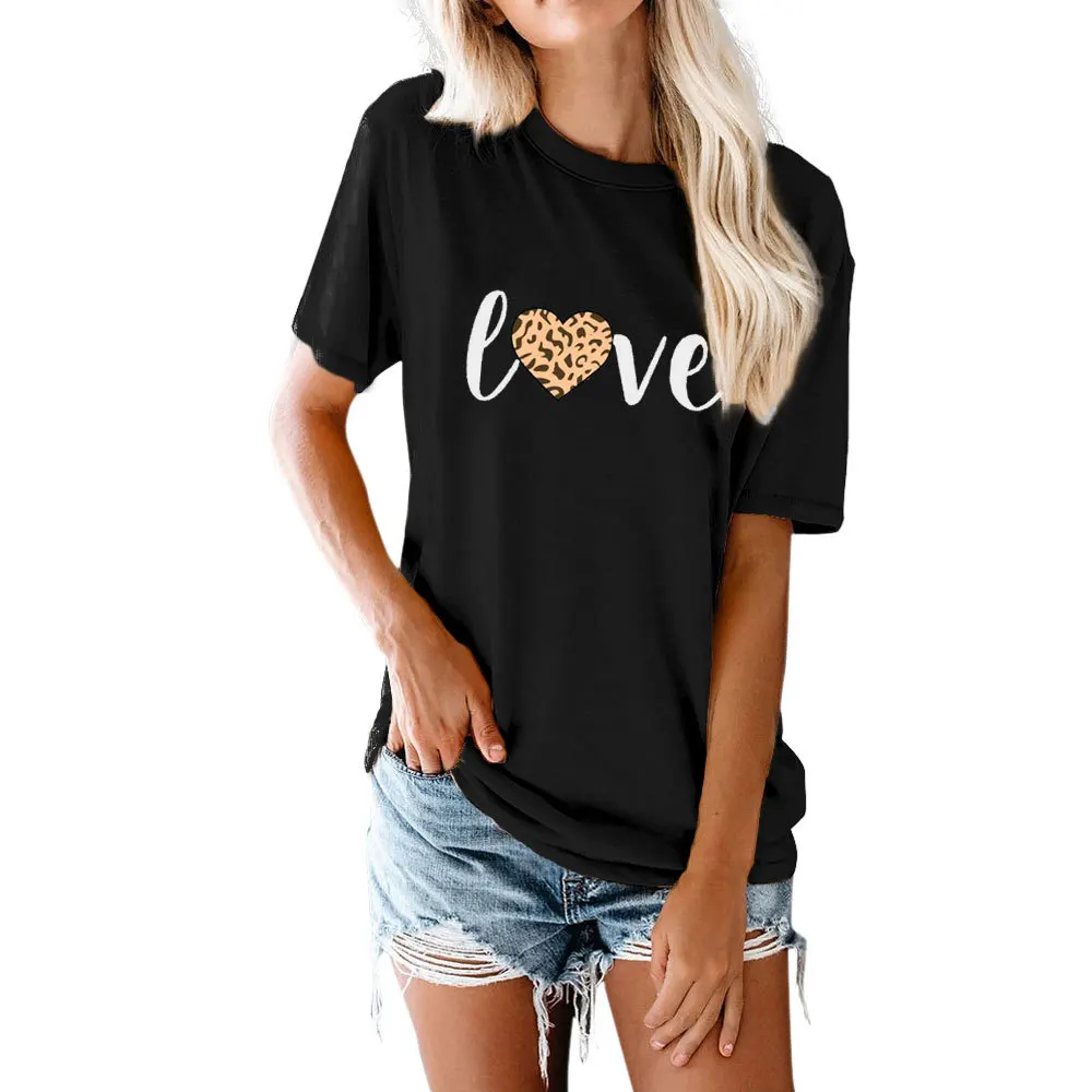 

European and American Women's Top Leopard Love Letter Round Neck Short Sleeve T-shirt
