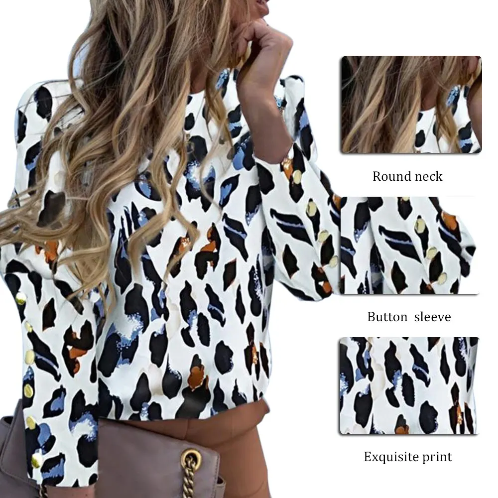 

Puff Shoulder Blouse Shirts Office Lady New Autumn Metal Buttoned Detail Blouses Women Pineapple Print Long Sleeve Top