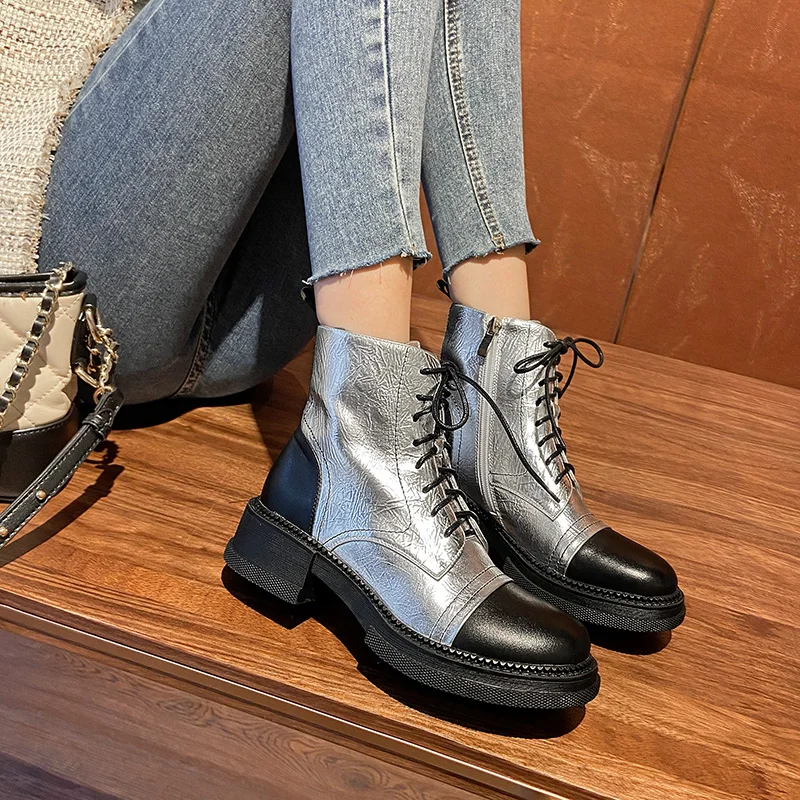 Harga 2020 Musim Semi Dan Musim Gugur Baru Fashion All-Match Lace-Up Martin Wanita Sepatu Bot Sepatu Bot Di Tabung Kulit Retro Sisi Ritsleting Sepatu Bot X306