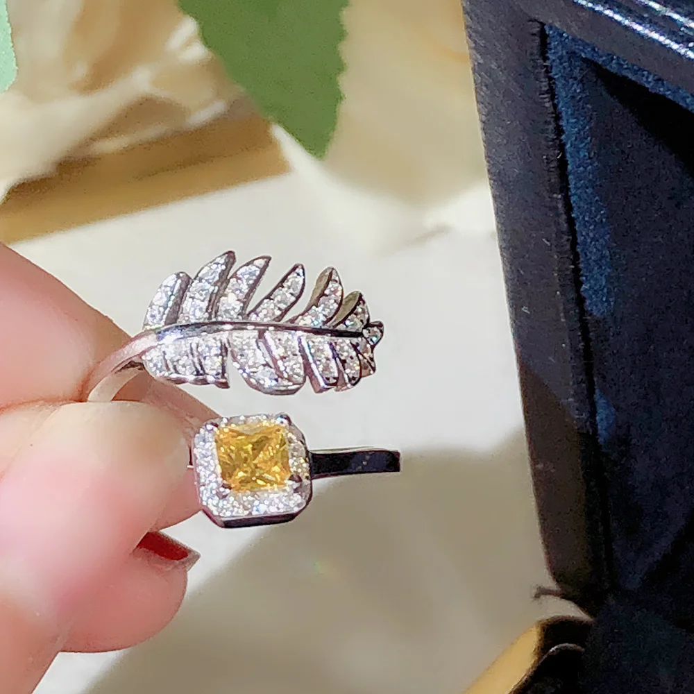 

Hallowmas 925 Sterling Silver AAA Zircon Yellow Diamond Crystal Feather Fairy Ring Hot Style Elegant Women Luxury Jewelry Gift