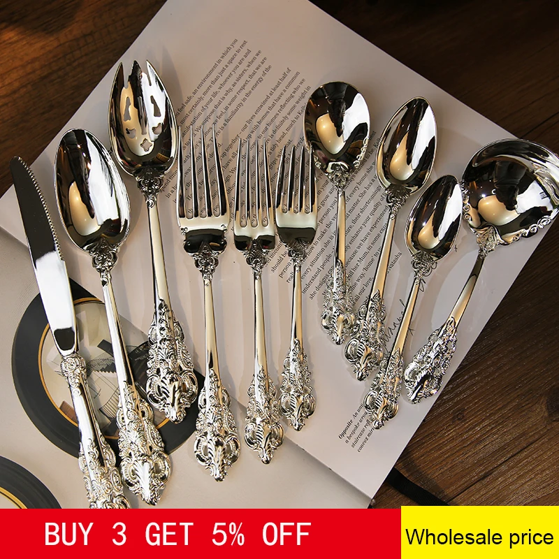 1pcs Luxury Wedding Tableware Silver Plated Dinnerware Cutlery Dinner Knife Fork Soup Spoon Dessert Fruit Salad Fork Teaspoon