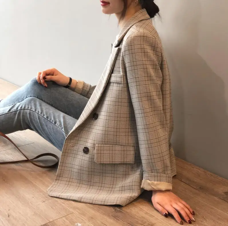 

Retro plaid blazer women loose-fitting blazer women's top new jacket blazer femme suits Plaid blazer tailleur high quality coats