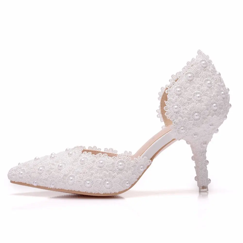 Женские свадебные босоножки на высоком каблуке белые сандалии с кружевными
