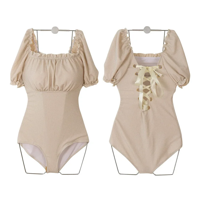 

Women Swimsuit One Piece Sports Sexy Swimwear Suit Backless Female French Hubble Bubble Long Sleeve Bikini Hot Solid Polyester