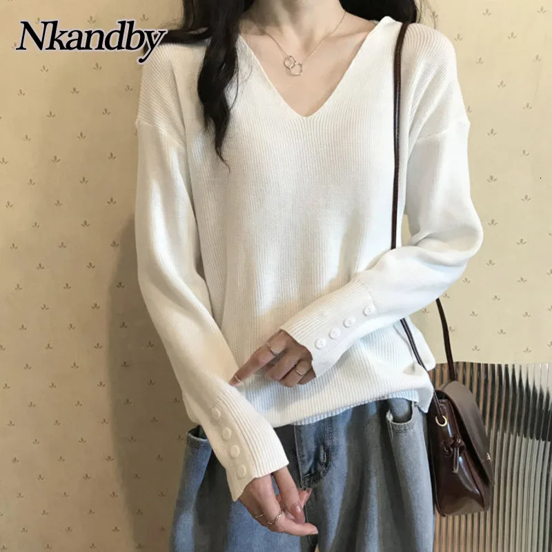 

Короткий женский трикотажный свитер Nkandby, осень 2021, одежда в Корейском стиле, тонкий пуловер с длинным рукавом, джемперы, базовые вязаные топ...
