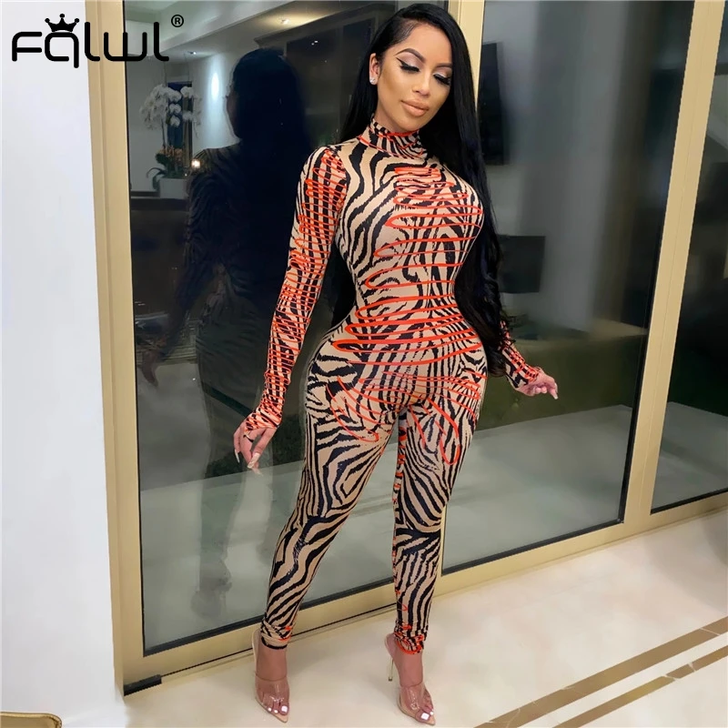 

FQLWL Zebra Print Romper Women Sexy Club Jumpsuit Female Elastic Long Sleeve Ladies Bodycon Jumpsuit Women One Piece Outfit 2020