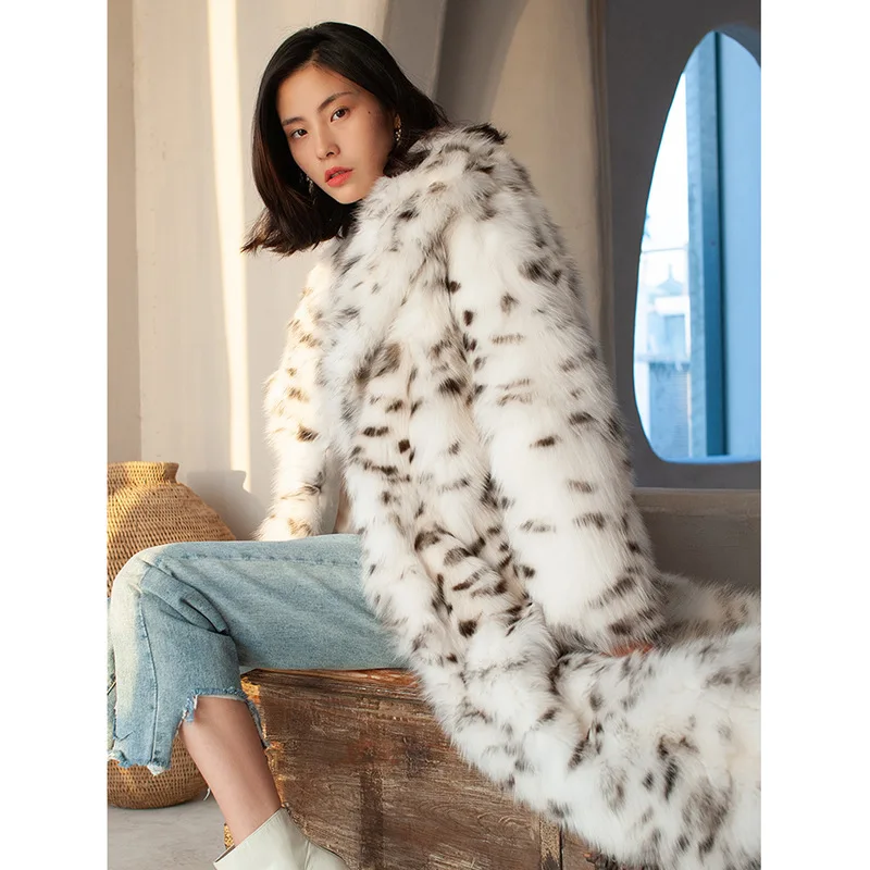Ladies fur coat, fox fur coat, black dots, leopard print, long suit, large size, keep warm in winter
