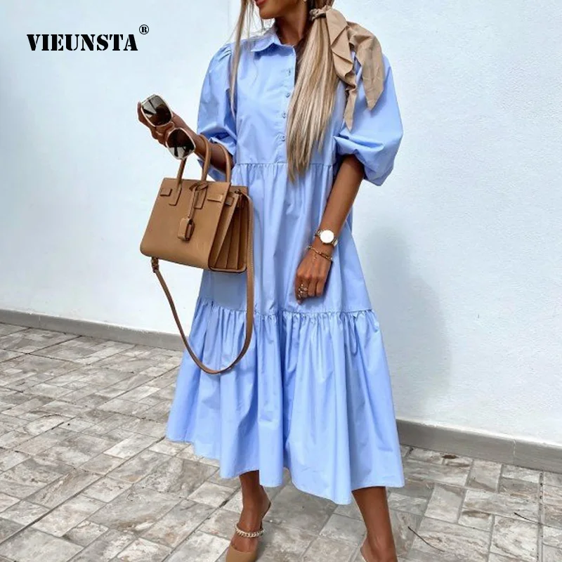 

2021 Elegant Half Sleeve A-Line Long Dress Casual New Solid Women Button Shirt Dresses Spring Turn-Down Collar Loose Party Dress