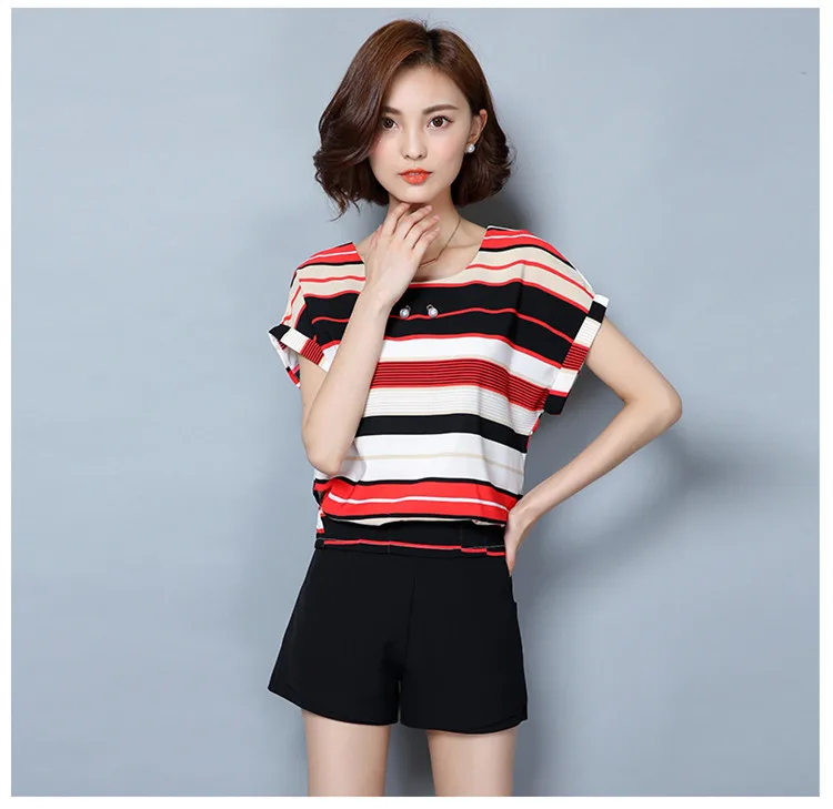 Блузка женская хлопковая с коротким рукавом Повседневная рубашка синий/красный