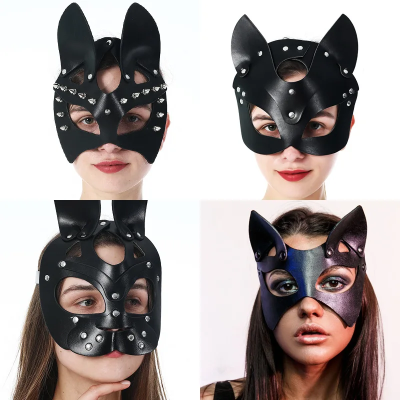 

Sexy Spikes Rivets Studded Cat Mask Women BDSM Leather Fetish Adult Erotic Sex Mask Halloween NightClub Party Face Masks Female