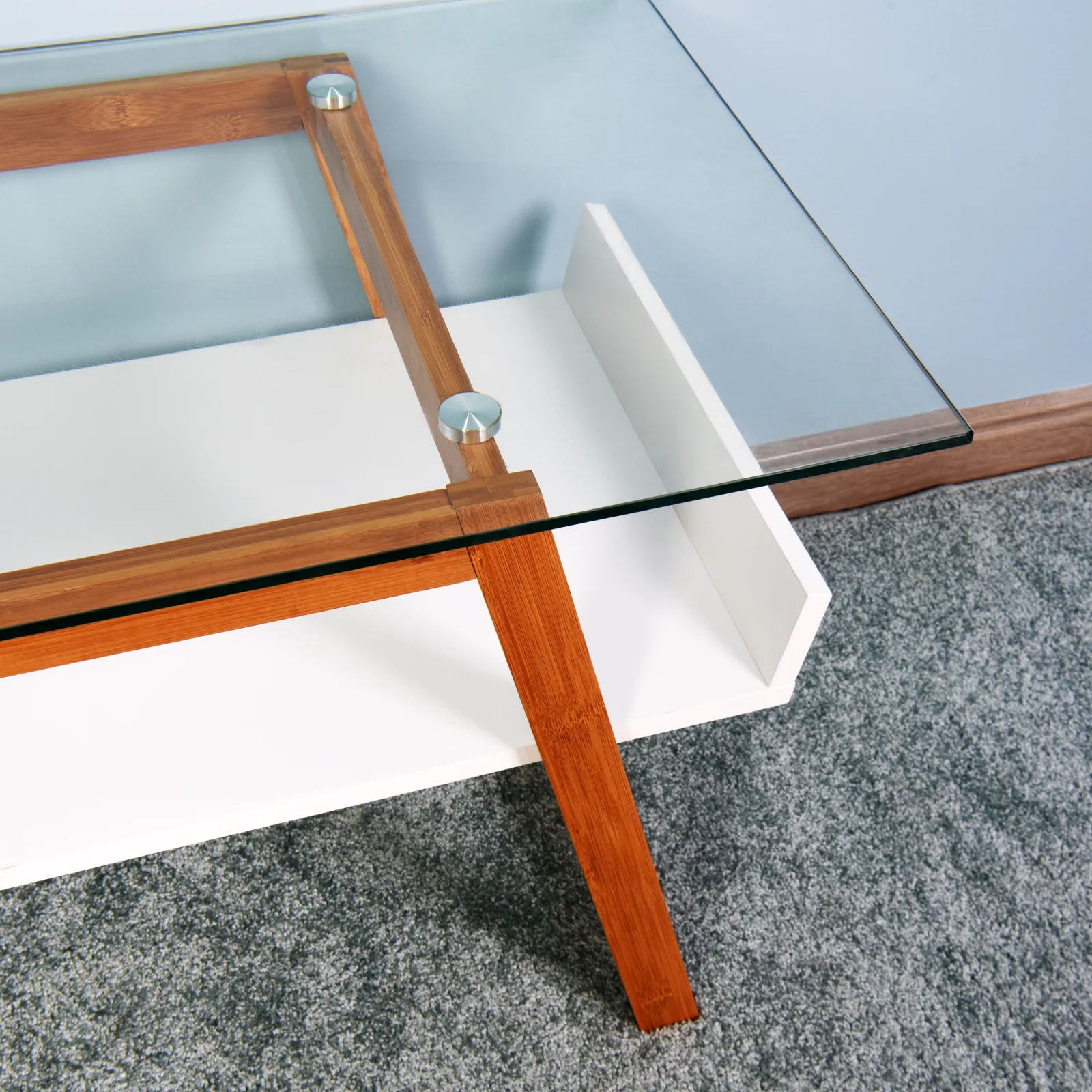 

Modern Living Room Coffee Table Side Table Fashion Mix Glass Top With Natural Bamboo Frame And White Painted Storage Area