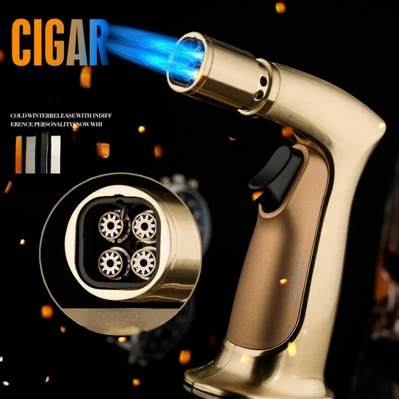 

Refillable Four Straight High Firepower Cigar Special Lighter Desktop Spray Gun Welding Torch Lighter Tobacco Accessories Tool