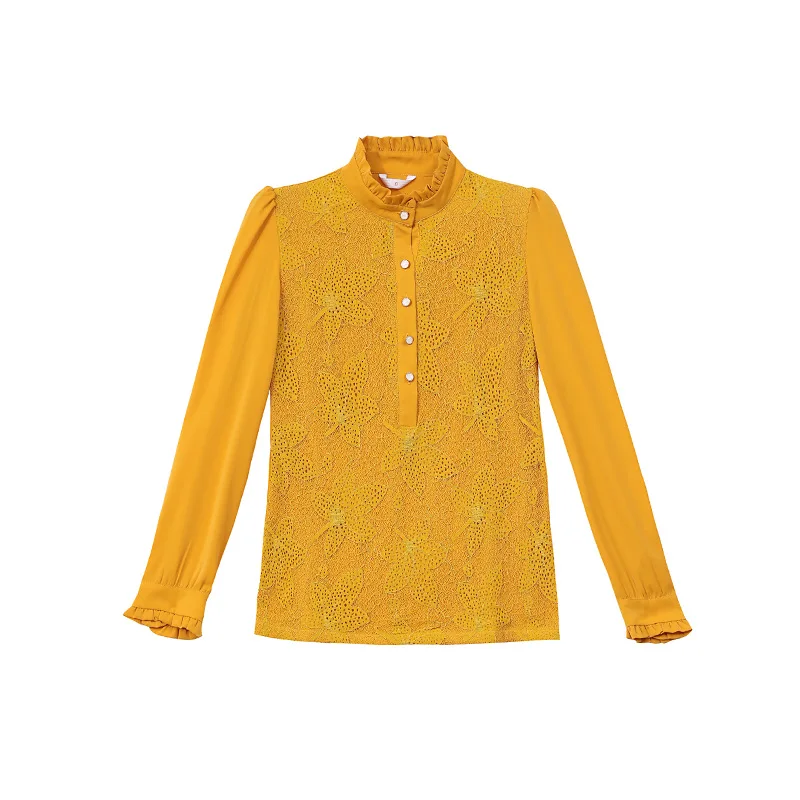 

Large Size Slim Lace Women Autumn Blouses High Quality Fashion Sexy Stand Long Sleeve Women Shirts Blusas Mujer De Moda 2020