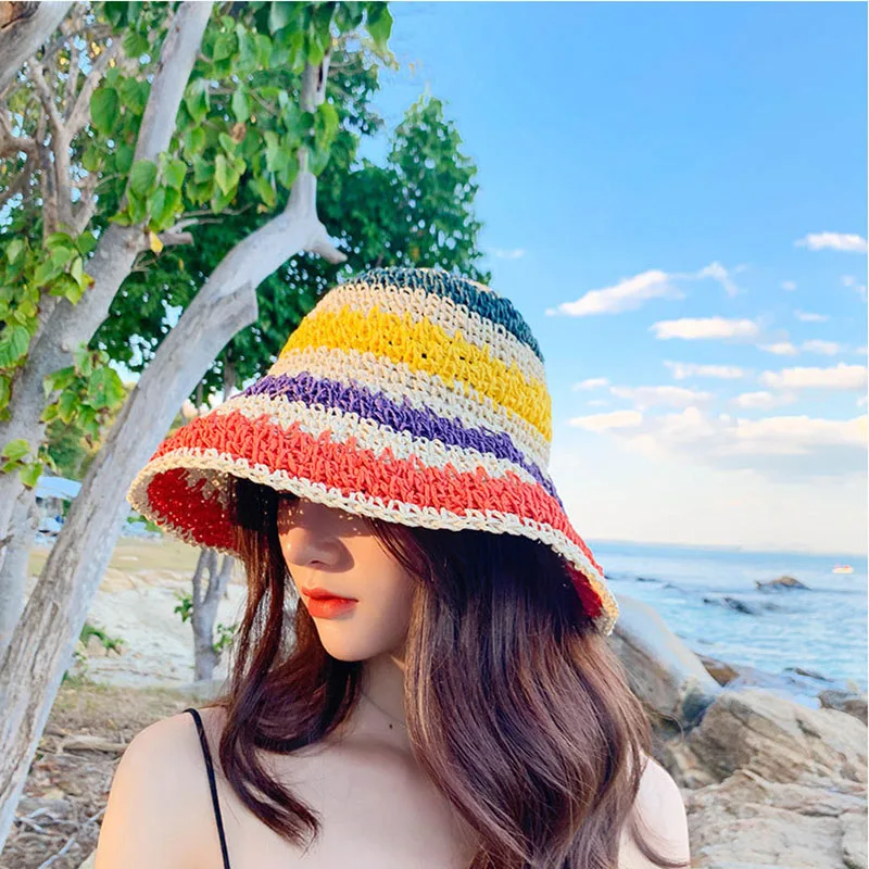 

2021 Womens Straw Hat rainbow Crochet hand-made Panamas UV Protection Sun Visor Beach Hats Women Visors Foldable Summer Sun Hat