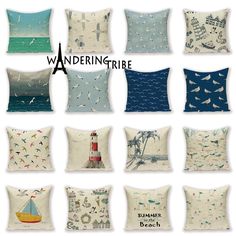 

Marine Landscape Decorative Cushion Cover Seagull Home Decor Pillow Case Summer on The Beach Ocean Scenic Seabird Sea Cushions