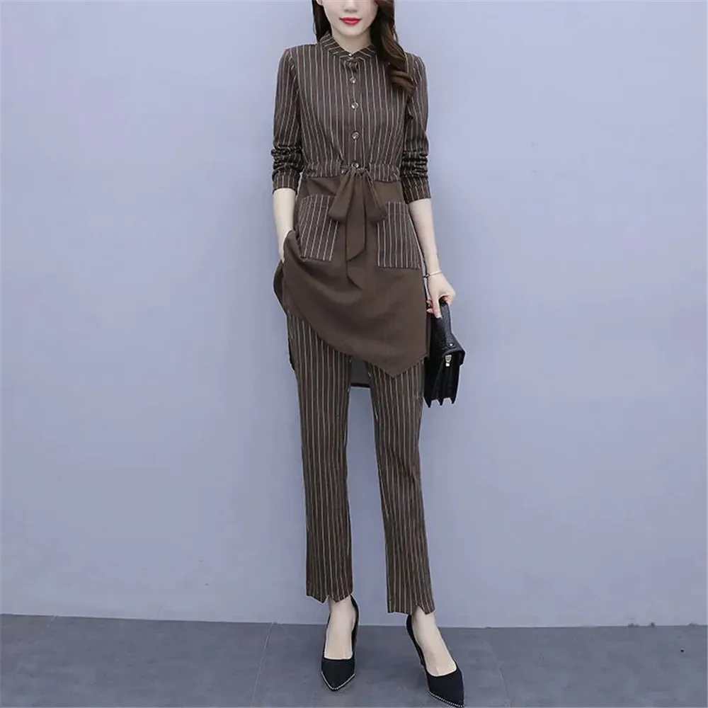 

Autumn Women's Suit 2021 Fashion High-End Chiffon Striped Splicing Slim O-Neck 2-Piece Set Office Lady M-5XL