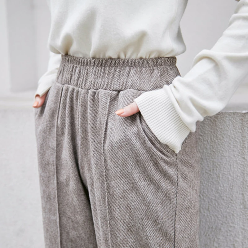 

Spring Autumn Solid Casual Woman Wool Pencil Pants Elastic High Waist Loose Ladies Trousers Full Length Warm Trousers for Female