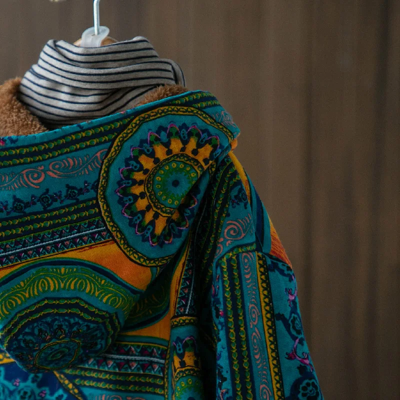

2020 Vintage Cotton Linen Coat Autumn Winter Womens Clothing Loose Large Size Printing Hooded Plus Velvet Long Trench Coats b22