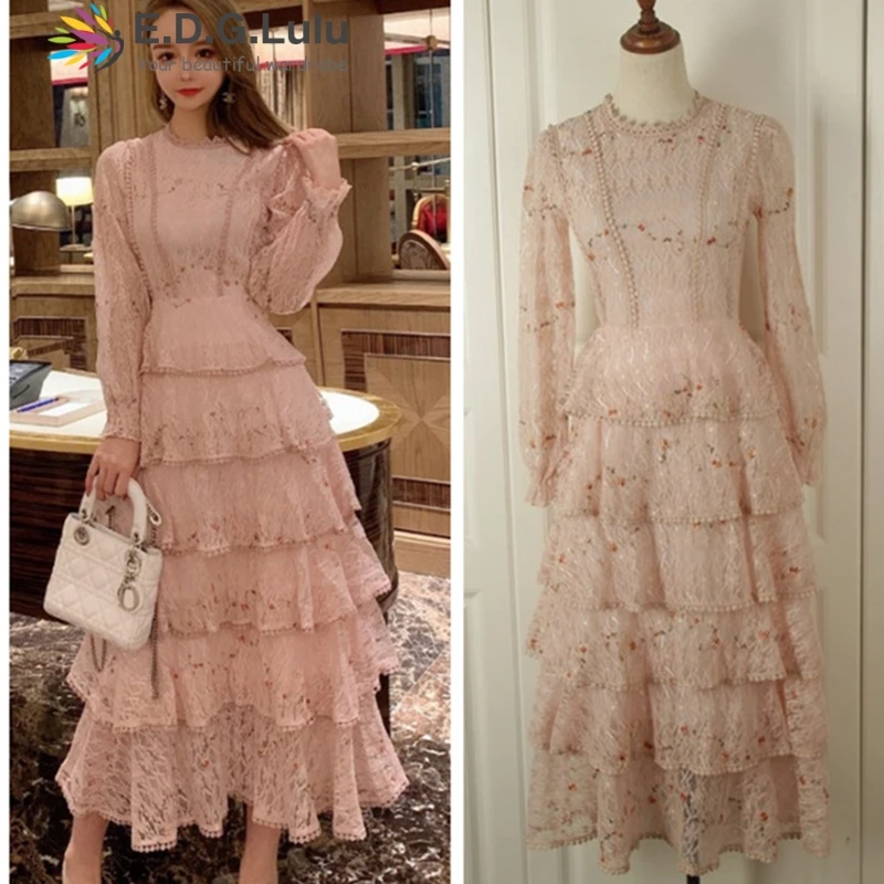 EDGLuLu с круглым вырезом и длинным рукавом розовые кружевные платья 2019 высокое