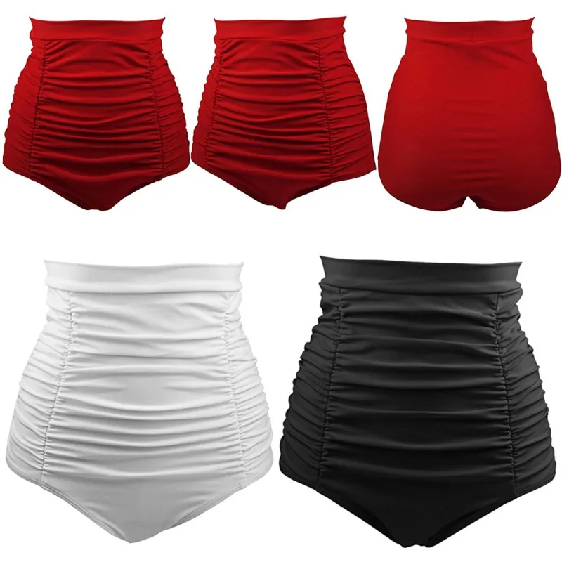 

Women High Waist Bikini Bottom Solid Pleated Swimming Briefs Shorts