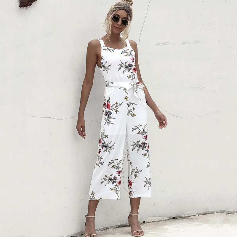 

2021 Summer Boho Jumpsuit Women Overalls Romper Sunflower Wide Leg Jumpsuit Female Long Jumpsuit Floral Overalls For Women