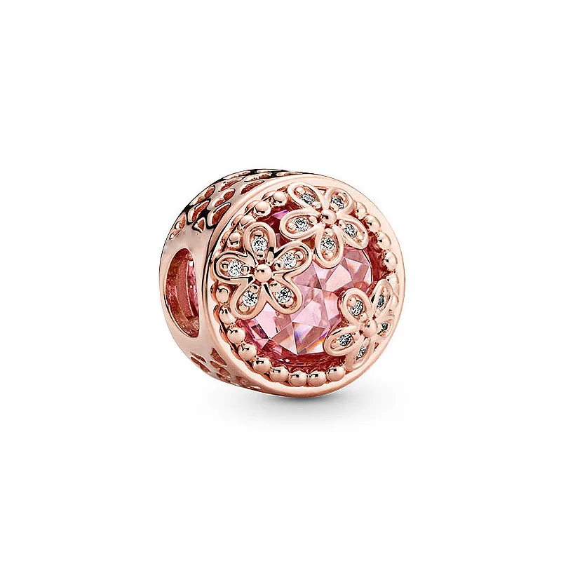 

100% 925 Sterling Silver Bead Rose Gold Shiny Pink Daisy Beads Fit Pandora Women Bracelet & Necklace Diy Jewelry