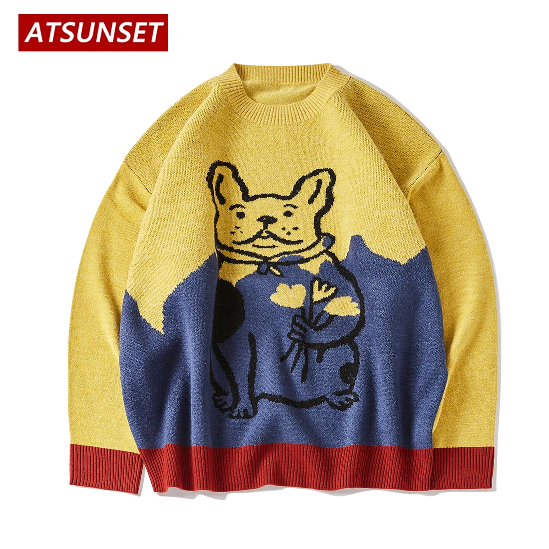 

ATSUNSET Stitching Color Bulldog Embroidery Sweater Harajuku Retro Style Knitted Sweater Autumn And Winter Cotton Pullover Tops