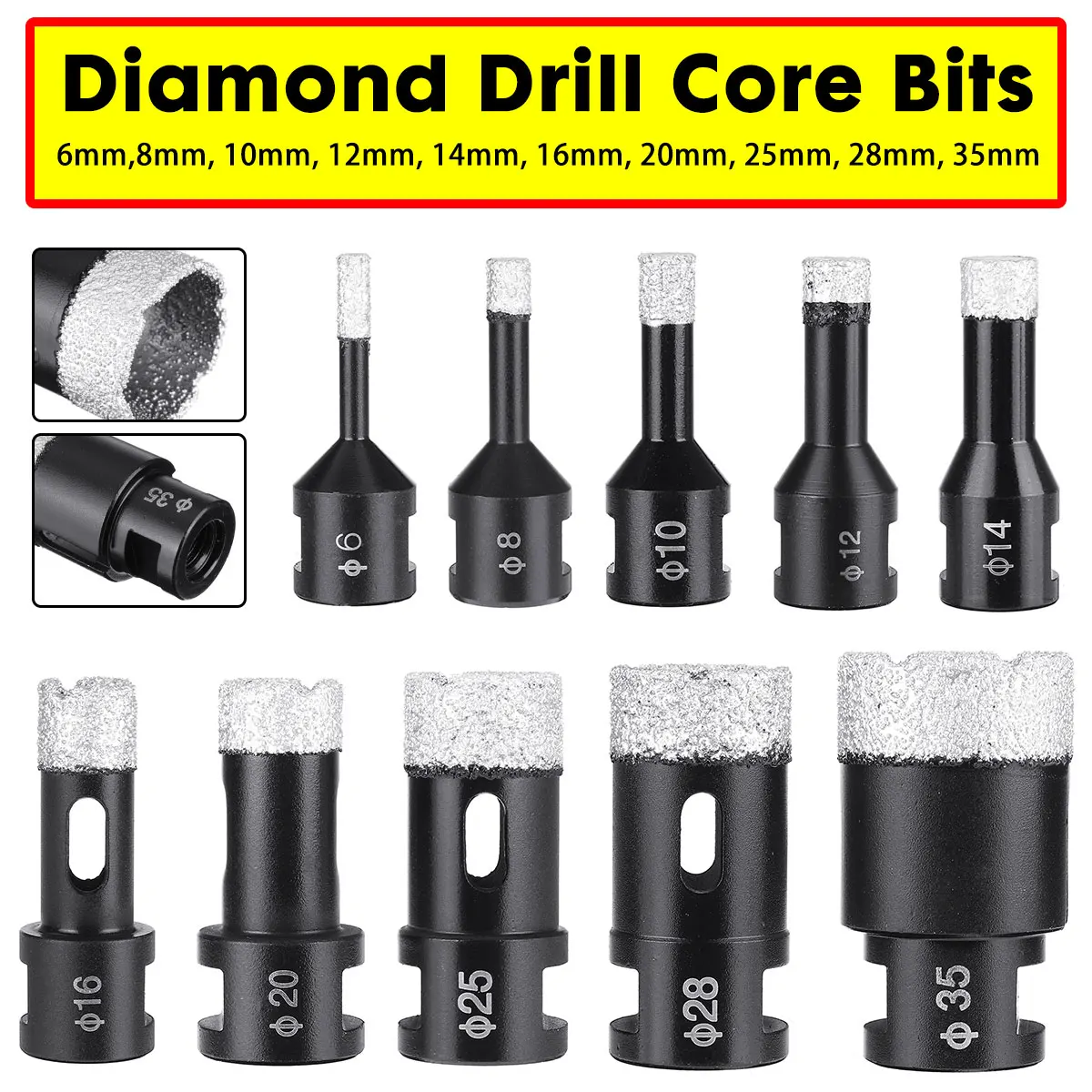 

6mm-35mm Diamond Vacuum Brazed Dry Drilling Core Bits M14 Thread Crown Porcelain Ceramic Tile Drill Bits Granite Marble Hole Saw