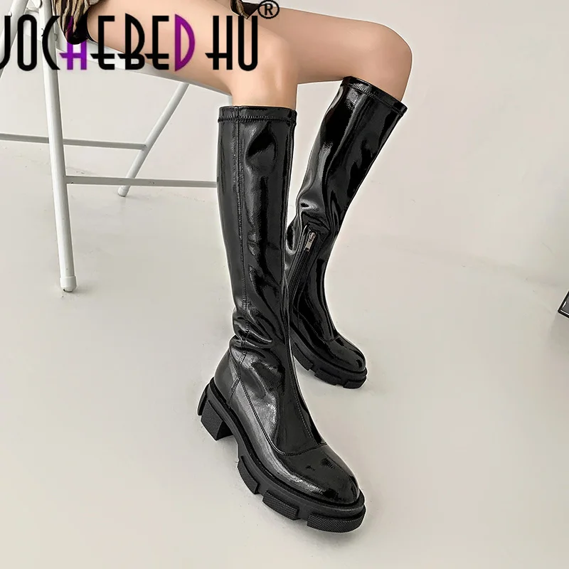 

【JOCHEBED HU】simple style popular cow leathe stretch boots round toe high heels winter women keep warm solid thigh high boots