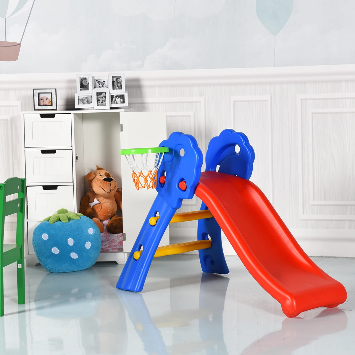 Tobog&aacute;n plegable de 2 escalones con aro de baloncesto para ni&ntilde;os, para interiores y exteriores-3