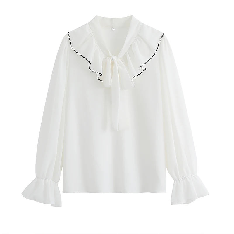 

ZAWAHIKI Plus Size Chiffon Blouses Bow Elegant Solid Spring Blusas Mujer Elegant Office Ladies Flare Sleeve Loose 2021Tops