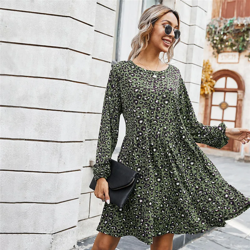 

Autumn Winter Leopard Cotton Dress Women 2021 New O Neck Loose Office Lady Full Sleeve Dress Female Casual