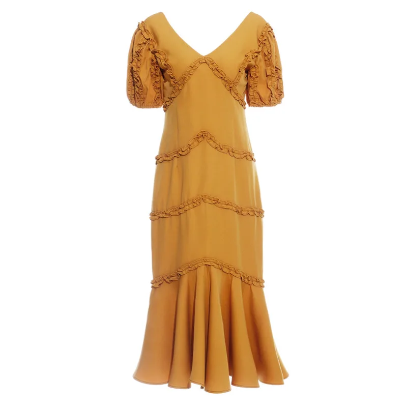 

VKBN Summer Dress 2020 Lantern Sleeve V-Neck Lotus Leaf Decoration Fishtail Shape Yellow Fashion Elegant Dress Women